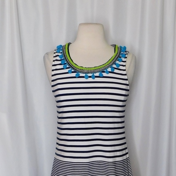 Anthropologie ONE SEPTEMBER Striped Tank Top Pom Poms Navy White Boho Small - Picture 4 of 13